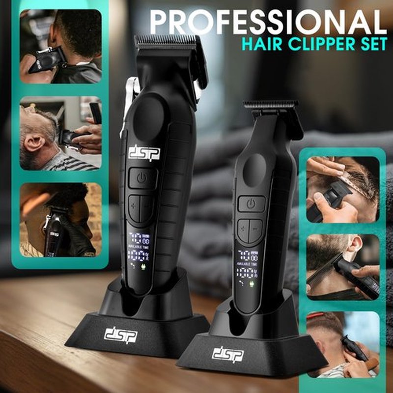 DSP Professional Hair Clippers Set for Men, Cordless Barber Clipper Beard Trimmer DLC, USB Rechargeable, Speeds Adjustable, Travel Lock, Low Noise with Charging Base