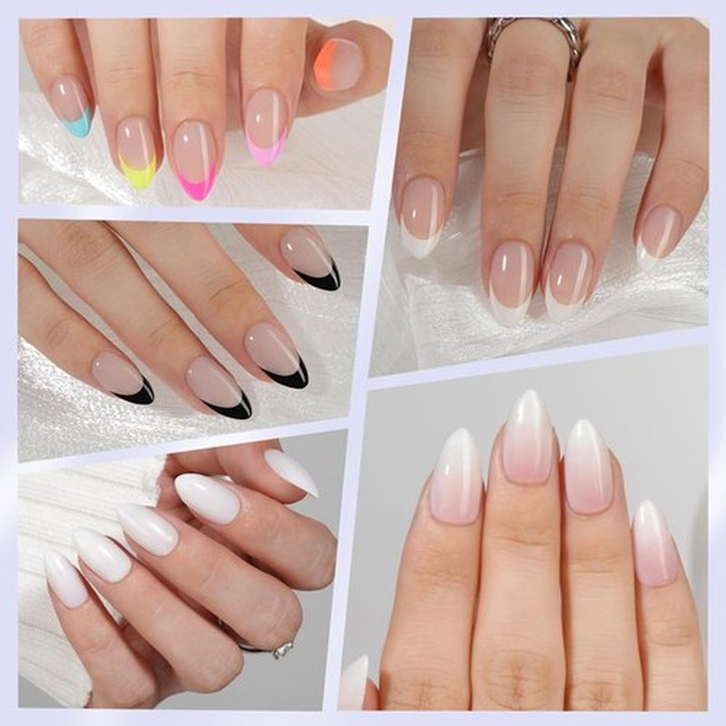 6 Packs Press On Nails Almond, Misssix French Tip Press On Nails Short, Reusable Glue On Nails, Gel Fake Nails for Women, Stick On Nails Kit 15 Sizes-6 styles in total