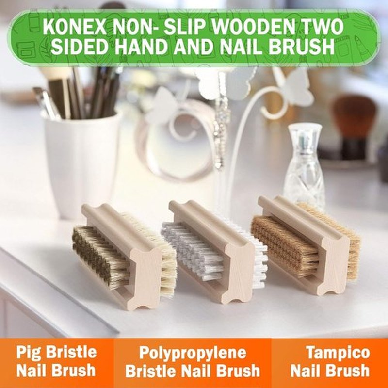 Konex Non-Slip Wooden Two-sided Hand and Nail Brush with Tampico Fiber Bristle. Fingernail brush with Beechwood body and Plant Based Fibers (Pack of 2)