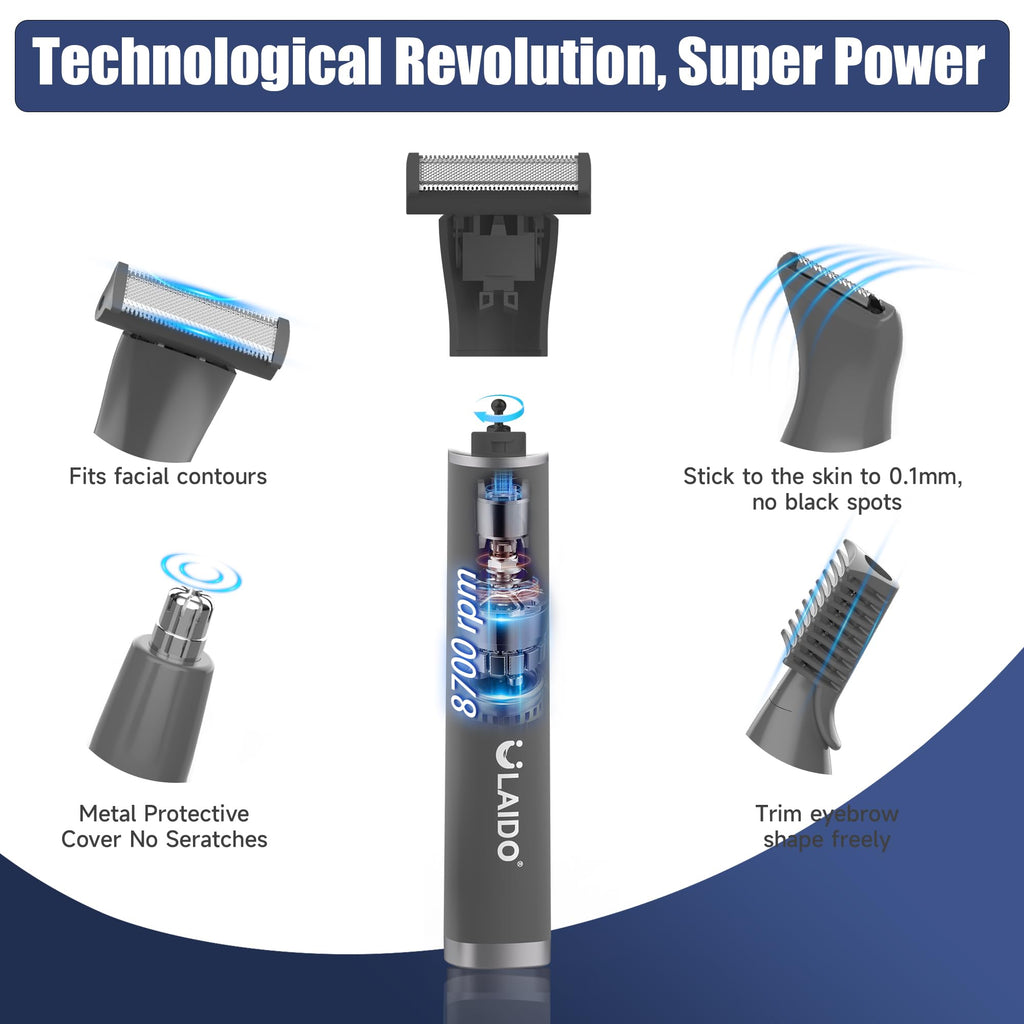 ULAIDO Body Hair Trimmer for Men, 4 in 1 Versatile Trimmer Shavers for Nose Ear Eyebrow Body Hair Trimming, USB-C Fast Charge Electric Pubic Hair Trimmer for Smooth Shaving with Storage Bag