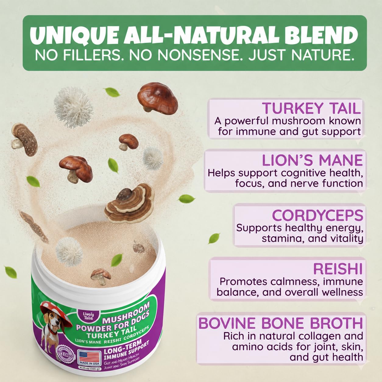 All-Natural Mushroom Powder for Dogs for Immunity, Cognition, Longevity, Bumps, and Lumps Support, Turkey Tail Mushroom for Dogs with Lion’s Mane, Reishi & Cordyceps, 4.25 oz Jar