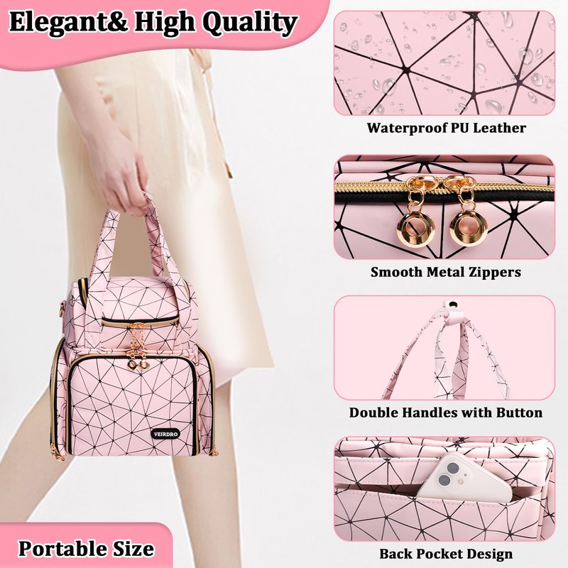 Veirdro Nail Polish Organizer Bag - PU Leather Shoulder Storage with 2 Removable Cases and Nail Lamp, Holds 70 Bottles - Portable Travel Backpack for Nail Tech Supplies (Pink)