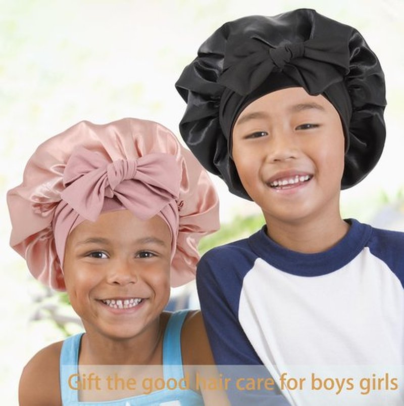 SAYMRE 2 PCS Kids Bonnet for Girls Double Layer Silk Satin Bonnet Sleep Cap for Child Curly Natural Hair 3-12Y (pink&black)