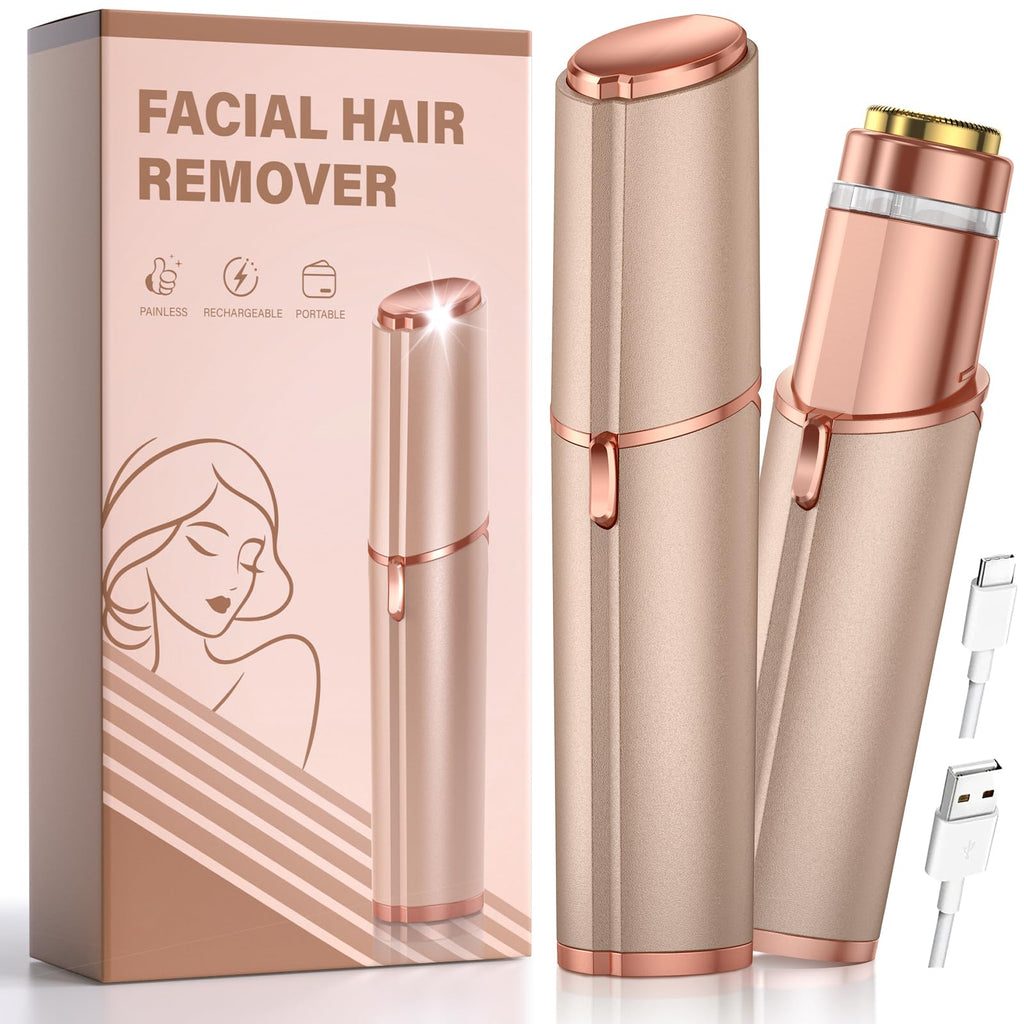 Facial Hair Removal for Women: Painless Rechargeable Face Shaver Electric Hair Remover Device for Peach Fuzz Upper Lip Chin (Gold)