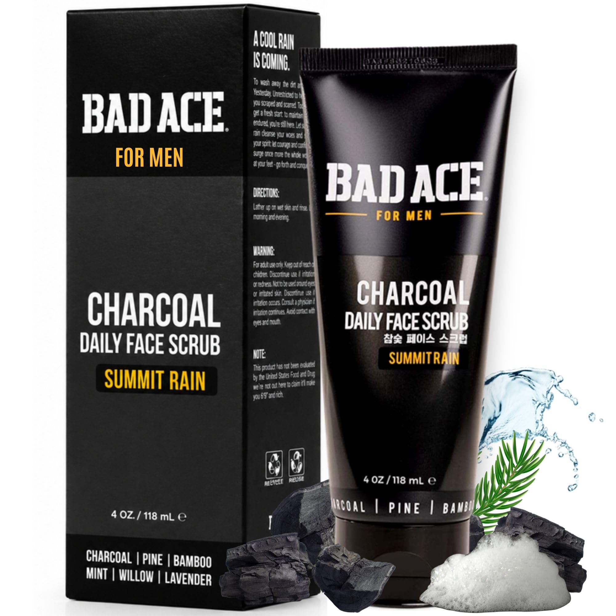BAD ACE Daily Men's Charcoal Face Wash with Scrubs, Korean Exfoliating Face Wash - Premium Mens Face Scrub, Deep Cleansing Skin Care | Men's Facial Cleanser for Oily Skin & Normal Skin, 4 oz