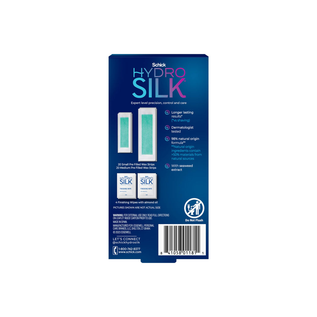 Schick Hydro Silk Targeted Waxing Strips | Soft Wax Strips for Body + Pubic Hair Removal, Eyebrow & Lip Waxing Strip, Bikini Wax Kit for Women