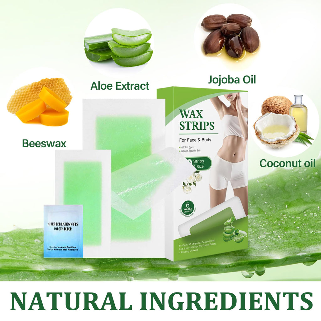 Wax Strips For Hair Removal, Waxing Kit For Women, Wax strins Hvpoalleraenic Facial Hair Removal for WomenAnd Men, Waxing Hair Removeal Kit with 80 PCS +4Calming Oil Wipes(Green, Pack of 80)