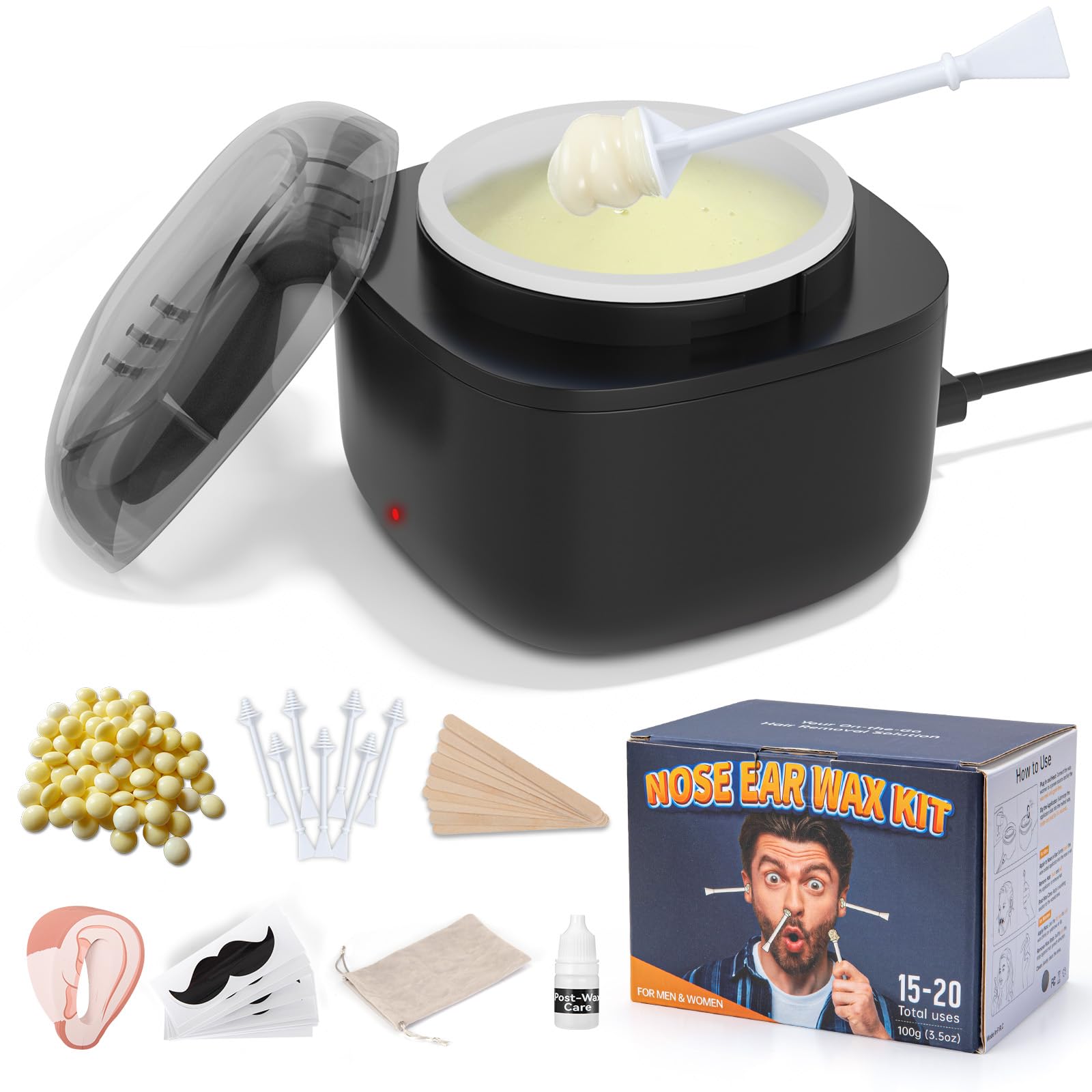 Nose Wax Kit Men, Nose and Ear Hair Waxing Kit with 100g Wax, 40 Applicators, Ear Hair Removal Kit, 20 Uses, USB Fast Heat, Smart Constant Temp, Upgraded Size, Multi-Accessories, White