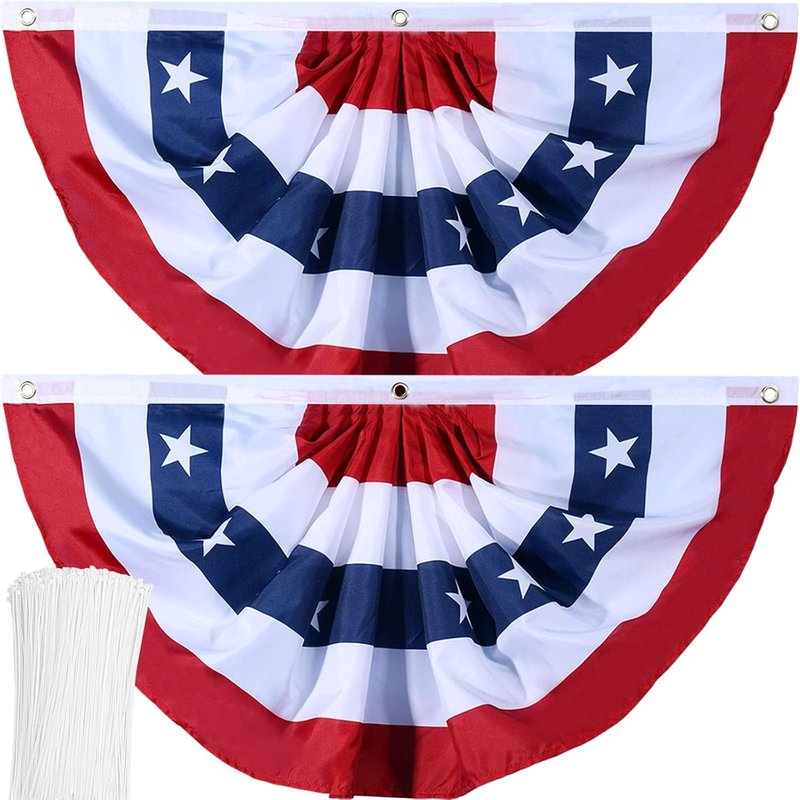 American Flag Bunting | Patriotic Pleated Fan Flag with Brass Grommets - 2x4 Feet for 4th of July Decor