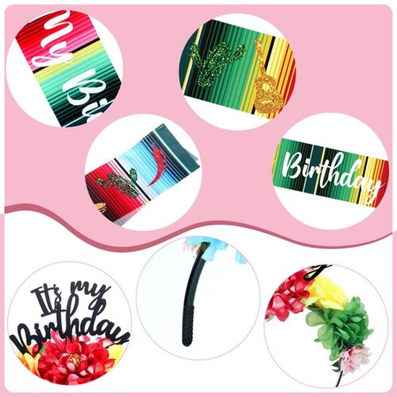 Hoteam 2 Pcs It's My Birthday Headband and Sash Mexican Flower Crowns Cinco de Mayo Satin Sash Fiesta Birthday Tiara Crown for Women
