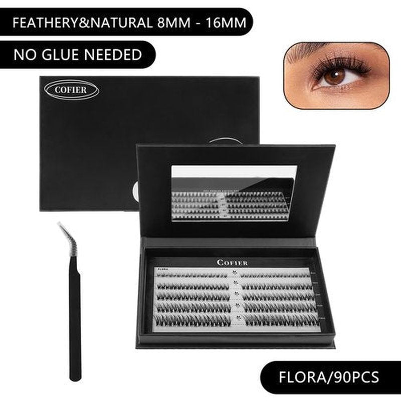 Glue-Free Wispy Lash Clusters Kit, 90 Pcs Individual Eyelash Clusters (8-16mm C Curl)- DIY Lash Extension Kit with eyelashes Tweezers, Natural Fluffy Fake Lashes for Home Use, Beginners Friendly