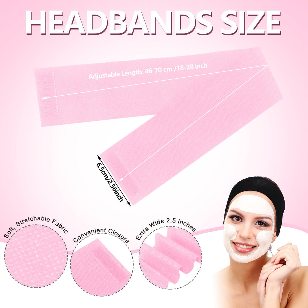 WILLBOND 200 Pieces Disposable Spa Facial Headbands Stretch Non Woven Facial Headband Skin Care Hair Band with Soft Convenient Closure for Women Salons (White, Pink, Black)