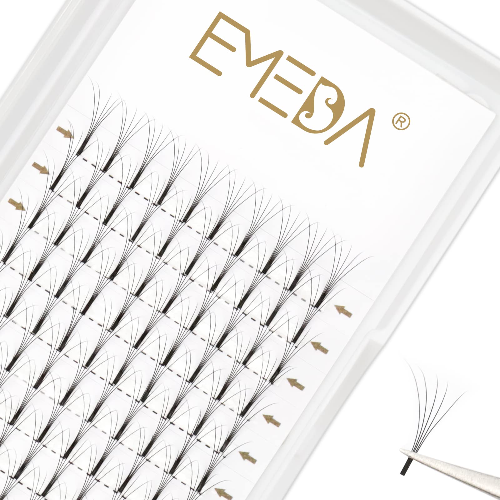 EMEDA Premade Fans eyelash extensions Mixed Tray, Long Stem Pre Made Fanned Russian Volume Lash Extensions 5D .10 d curl 9-15mm Mix Tray