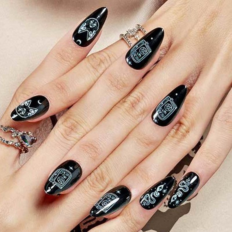 GLAMERMAID Press on Nails Almond,Black Gel False Nails with Design,24 PCS Glue on Nails,Reusable Acrylic Stick on Nails Tips Manicure Set for Women,Primitive Belief