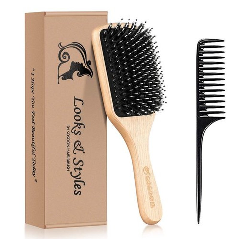 Sosoon Boar Bristle Paddle Hairbrush - Tangle-Free Design for All Hair Types | Gift Box & Tail Comb Included