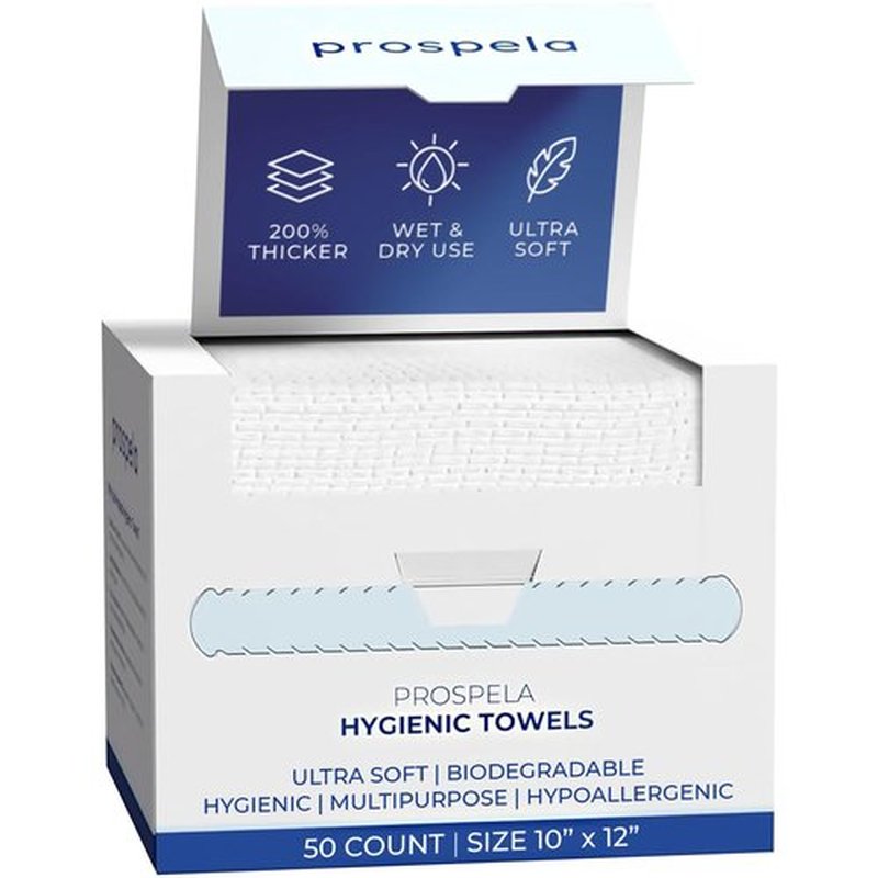 Prospela XL Disposable Face Towels (50 Count) – 100% Clean, Biodegradable Dry Wipes for Sensitive & Acne-Prone Skin – Extra Large & Ultra-Soft for Makeup Removal, Cleansing & Travel