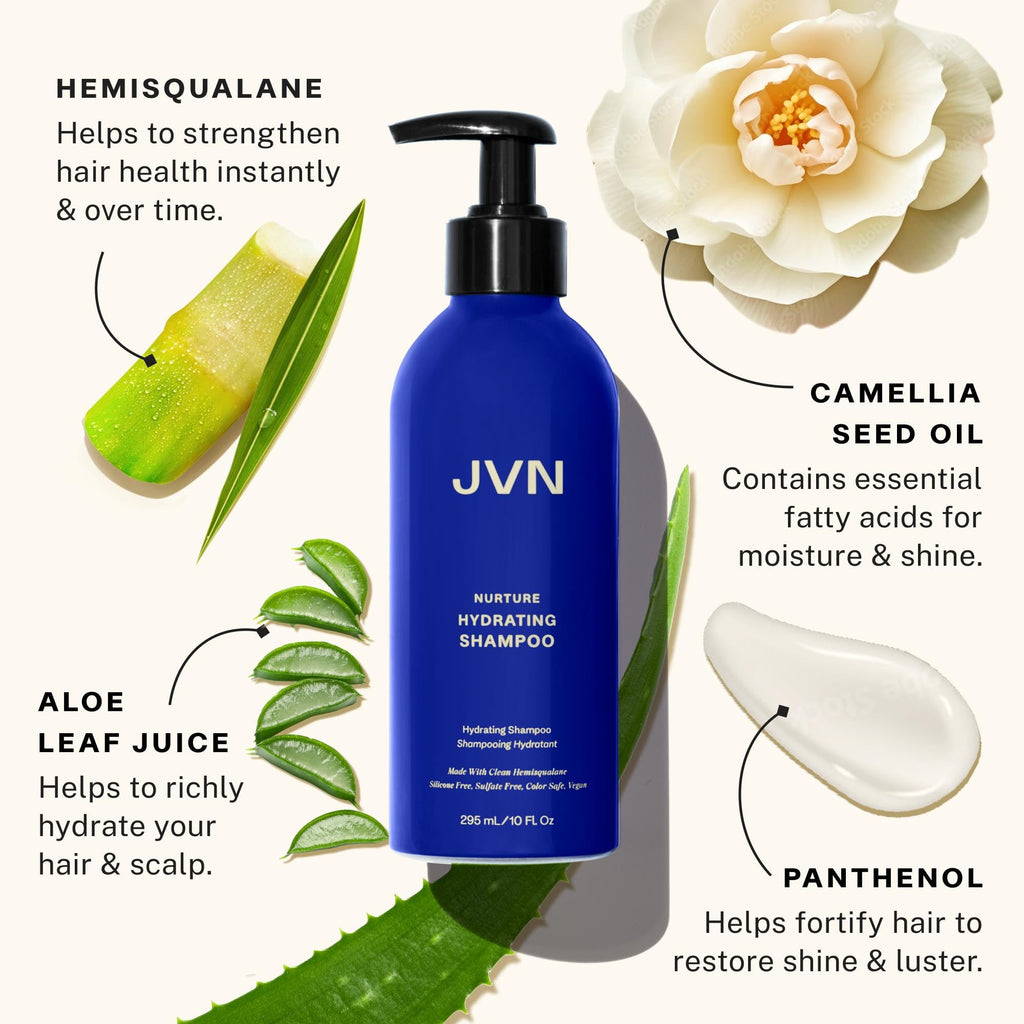 JVN Nurture Hydrating Shampoo, 10 Fl Oz, Detangles & Softens Hair, Moisture and Deeply Nourishing Shampoo, Color Safe Hair Care for Women and Men, Non-Toxic, Silicone and Sulfate Free