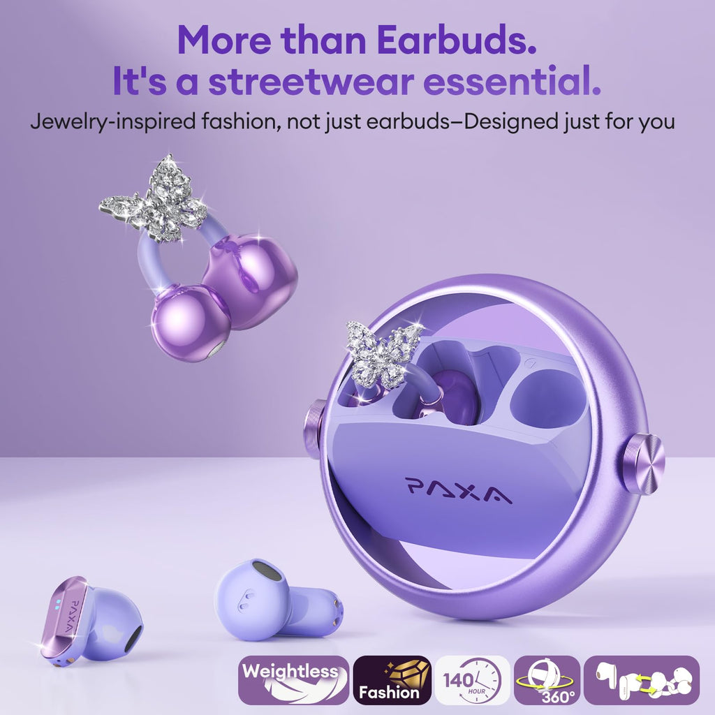PAXA 3 in 1 Ctbuds Stylish Jewelry-Style Clip on Open Ear Headphones Wireless Earbuds, Instant Earring Mode, Ultra-Long 140H Play, Bluetooth 6.0, All-Day Wear for Work Fitness Daily Use, Purple