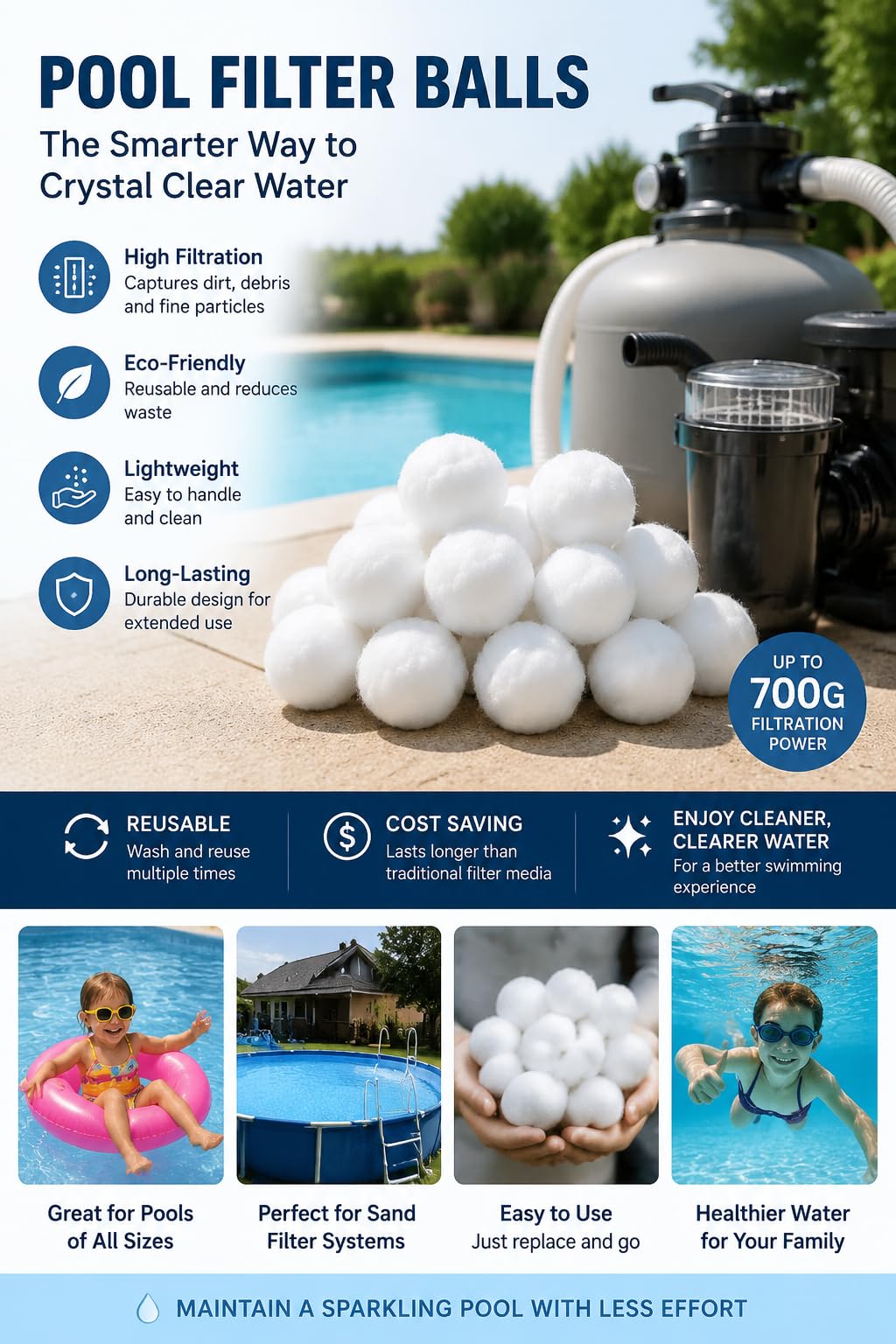 Makeforu 3 lbs Pool Filter Ball, for Swimming Pool Sand Filter, Lightweight Reusable Eco-Friendly Fiber Filter Ball, Replaces 100 lbs Pool Filter Sand 3 lbs