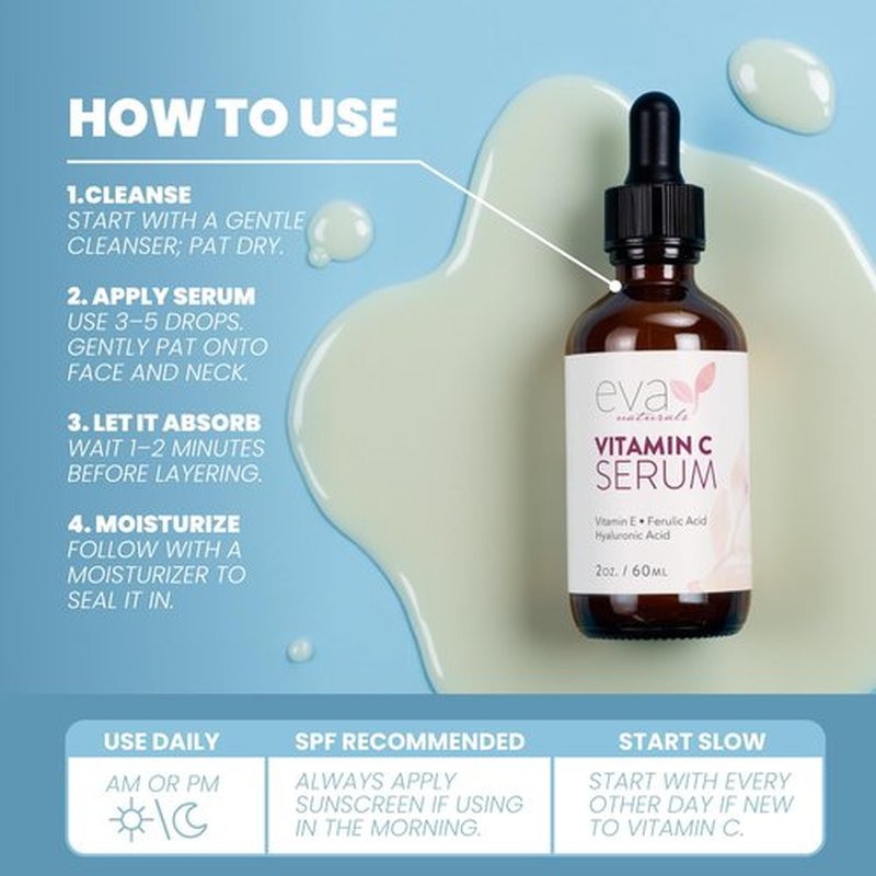 Eva Naturals Vitamin C Serum for Face - 20% Vit C with Hyaluronic Acid, Ferulic Acid & Vitamin E - Facial Serum for Dark Spots, Acne, Anti Aging, Glow & Even Skin Tone, 2 Fl Oz