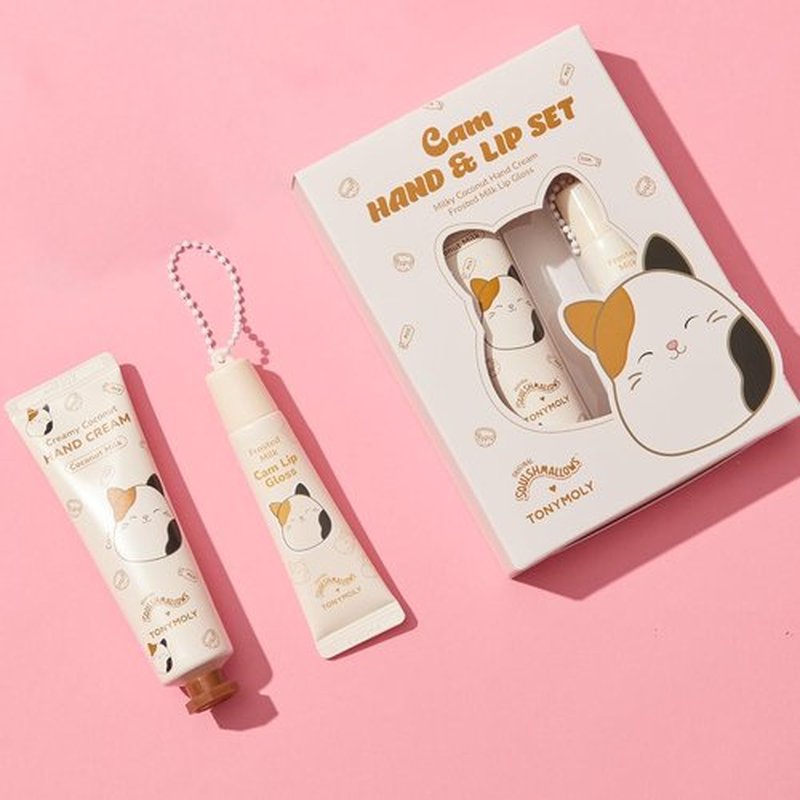 TONYMOLY Cam the Cat 2-Piece Set | Coconut Milk Hand Cream & Frosted Milk Lip Gloss - Adorable Korean Skincare Gift for Women & Teens
