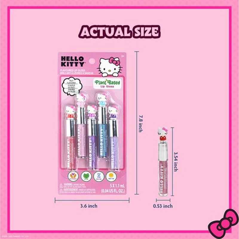 Hello Kitty 5 Pc Plant Based, Moisturizing Lip Gloss Makeup Set for Girls Kids Toddlers, Perfect for Parties Sleepovers Makeovers Birthday Gift for Girls 3 Yrs+ by Townley Girl
