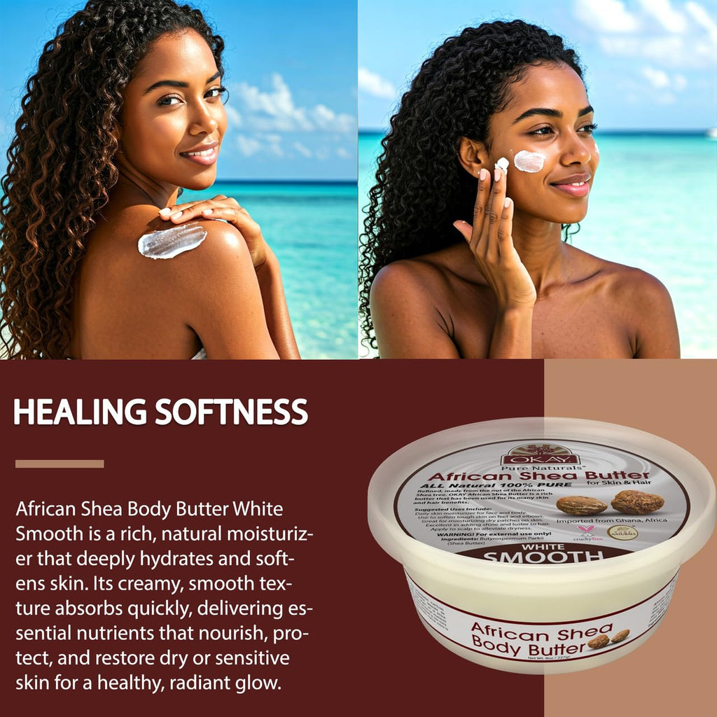 OKAY White Shea Butter for Hair and Skin - Raw African Shea Butter for Women and Men, Daily Moisturizer for Hair and Body, Helps with Stretch Marks, Soothes Dryness - 13 Oz Jar (Pack of 2)