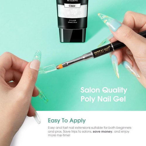 ROSALIND 2 oz Clear Poly Nail Gel - Professional Nail Extension Gel for Long Lasting DIY & Salon Nails, Quick Dry UV/LED Light Cured Transparent Builder Clear Gels Base