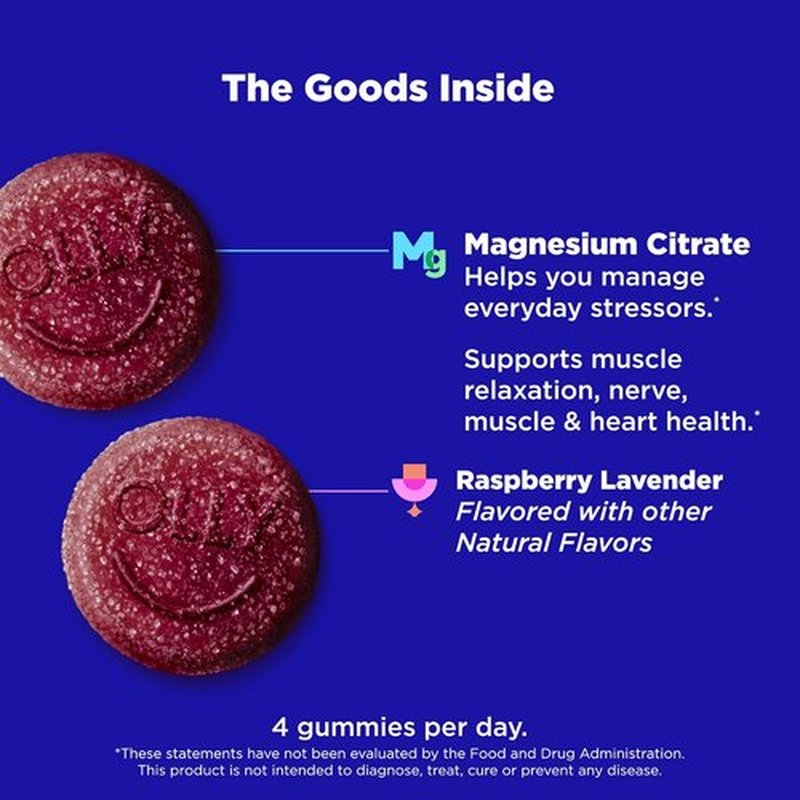 OLLY Relaxing Magnesium Gummies - Muscle Relaxation Support, Raspberry Lavender Flavor, 60 Count