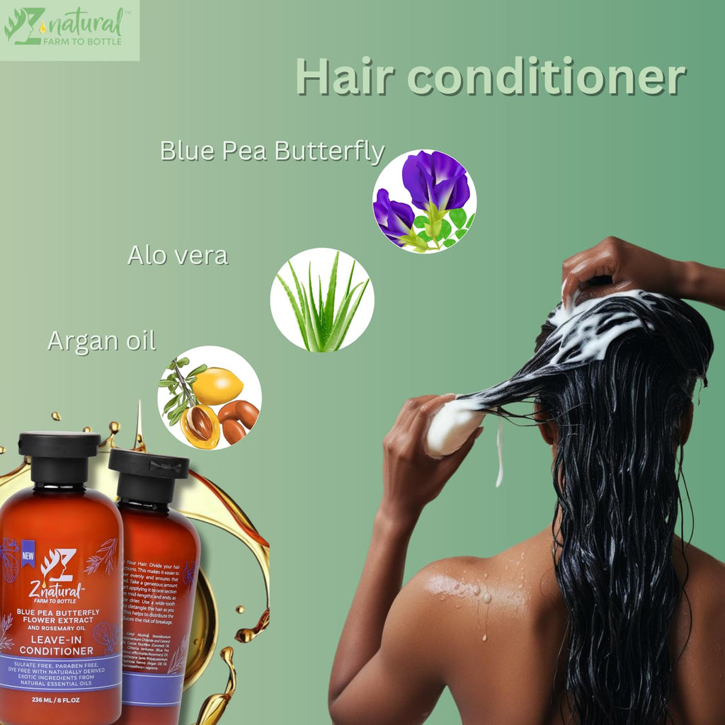 Z’Natural Leave-In Conditioner for Curly Hair - Deep Moisture & Detangling - Natural Blue Pea, Aloe Vera & Argan Oil - Sulfate & Paraben Free - 236ml