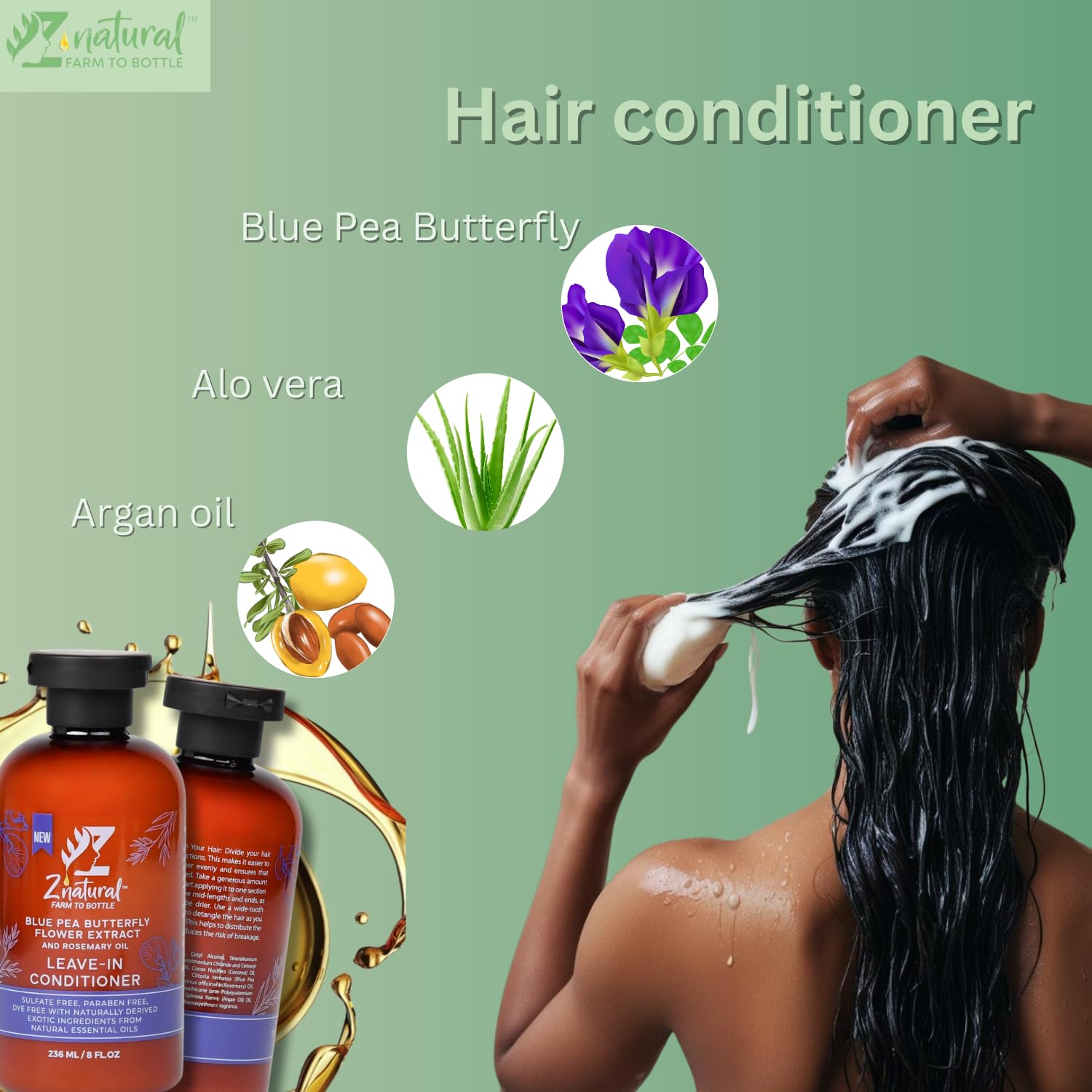 Z’Natural Leave-In Conditioner for Curly Hair - Deep Moisture & Detangling - Natural Blue Pea, Aloe Vera & Argan Oil - Sulfate & Paraben Free - 236ml