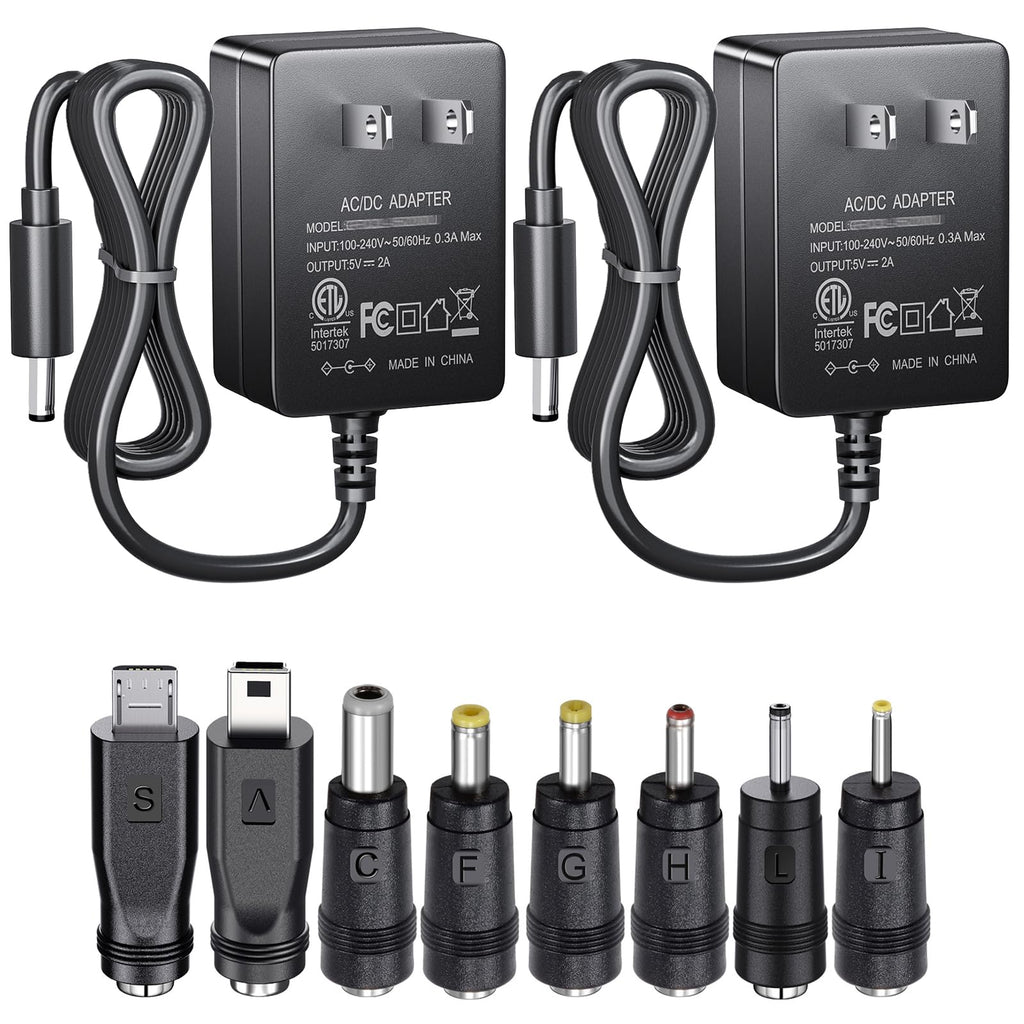 SoulBay 5V 2A AC/DC Power Supply Adapter with 8 Plugs, 2 Pack