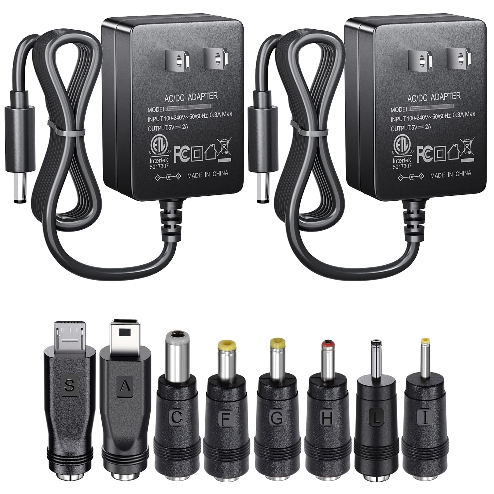 SoulBay 5V 2A AC/DC Power Supply Adapter with 8 Plugs, 2 Pack
