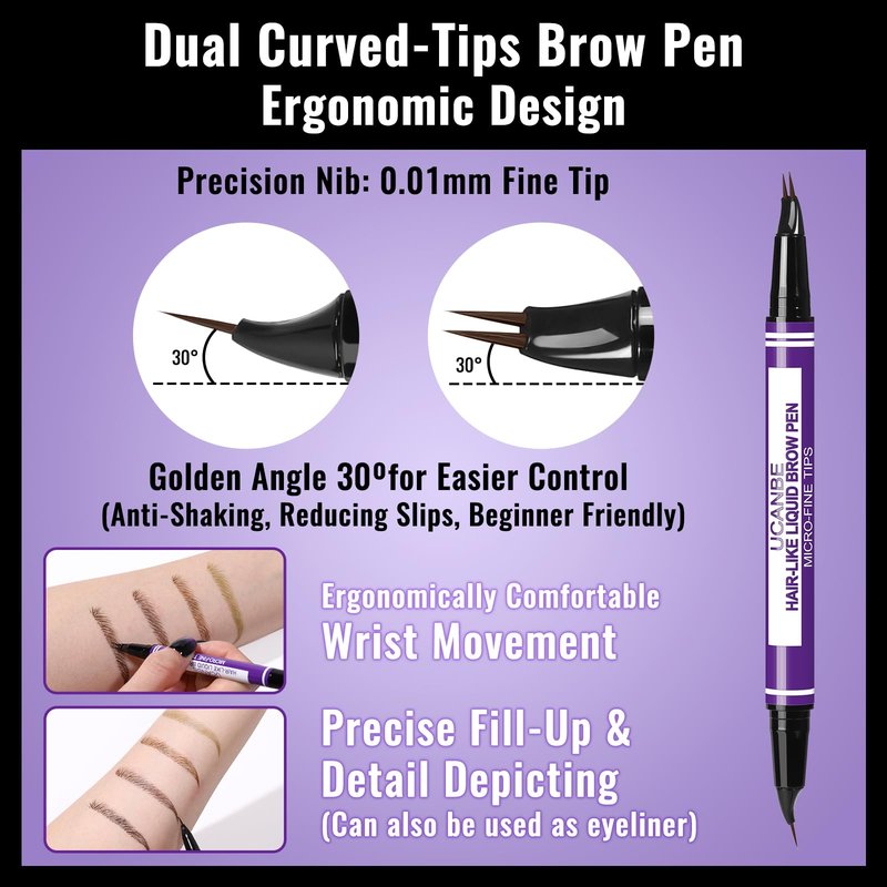UCANBE Eyebrow Pen, Dual-Curved Eyebrow Pencils for Women, 2-in-1 Brow Pencil with 2-Fork-Tip & Precise Brush-Tip for Natural Hair-Like Brows, Waterproof Microblading Brow Pen Last 24Hrs(Black Brown)