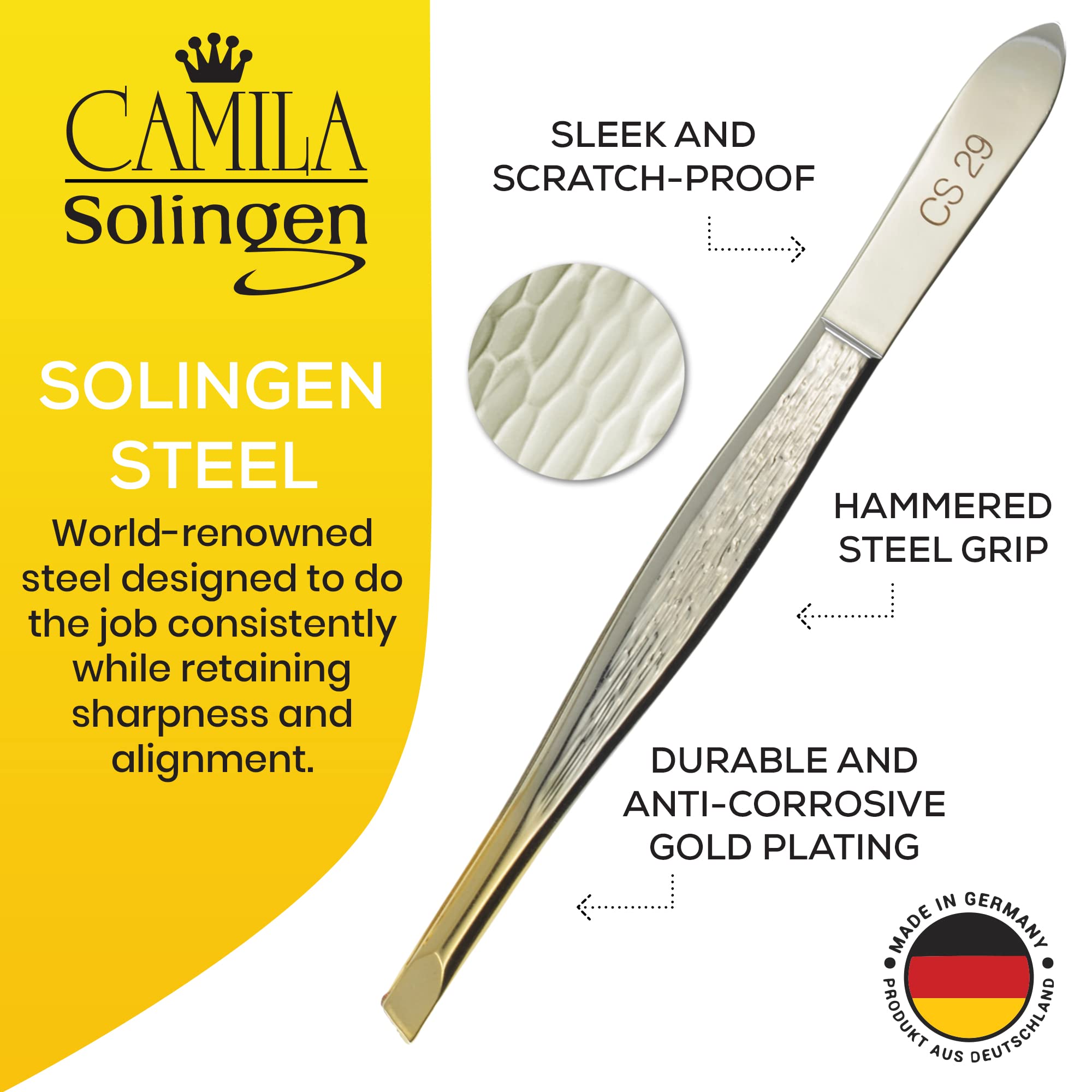 Camila Solingen CS29 3 1/2" Gold Tipped, Surgical Grade, German Carbon Steel Tweezers (Slanted) - Flawless Eyebrow and Facial Hair Shaping and Removal for Men/Women