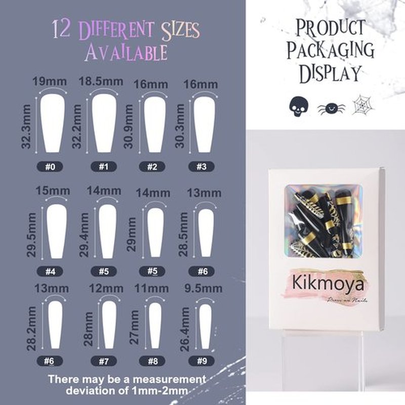Kikmoya Halloween Extra Long Press on Nails Black Coffin Fake Nails with Gold Pumpkin Sipder Web Design Stick on Nails for Women 24pcs Glossy Acrylic Artificial False Nails (Gold Pumpkin Coffin)