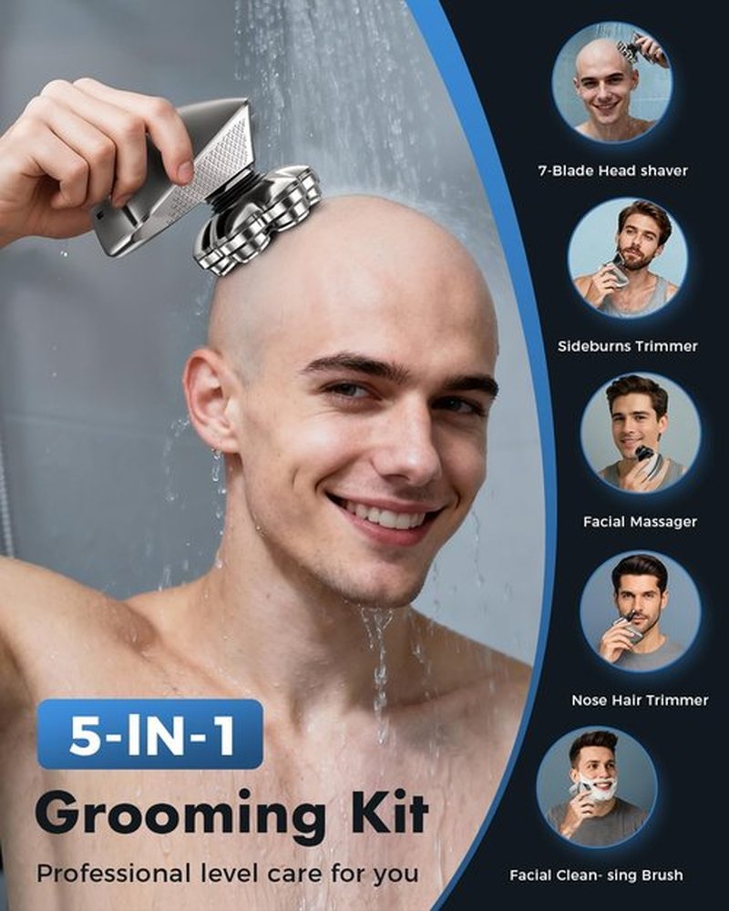 7D Electric Head Shaver - 5-in-1 Grooming Kit for Bald Men | Waterproof, Travel-Ready, LED Display