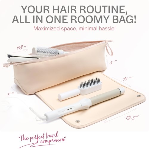 Aerotrunk Hair Tools Organizer - Hot Hair Tools Travel Bag with Heat Resistant Mat, Large Capacity Pouch for Flat Irons, Curling Wands, Hair Dryers - Beige