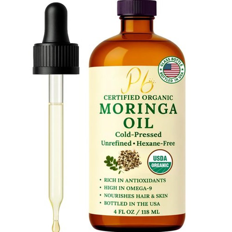 Pomberries Organic Moringa Oil – USDA Certified 100% Pure, Cold-Pressed & Unrefined – Moringa Seed Oil for Face, Skin, Hair & Body – Hydrating, Anti-Aging Moisturizer – 4 fl oz Amber Glass Bottle