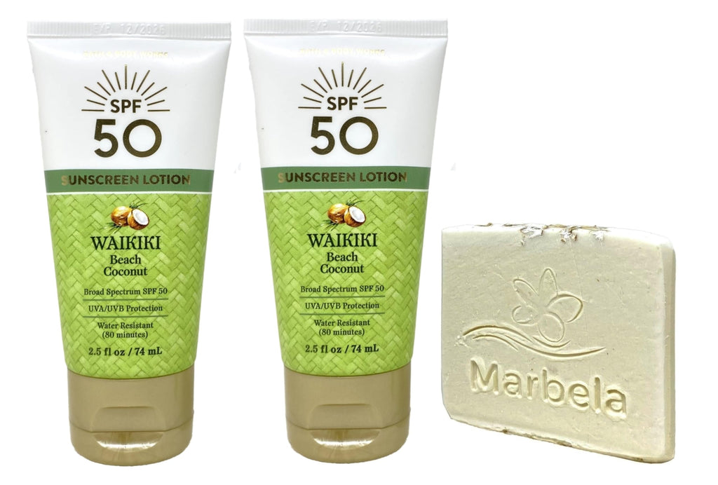 Bath & Body Works Waikiki Beach Coconut SPF 50 Sunscreen Lotion 2 Pack Travel Size with a Natural Oats Sample Soap