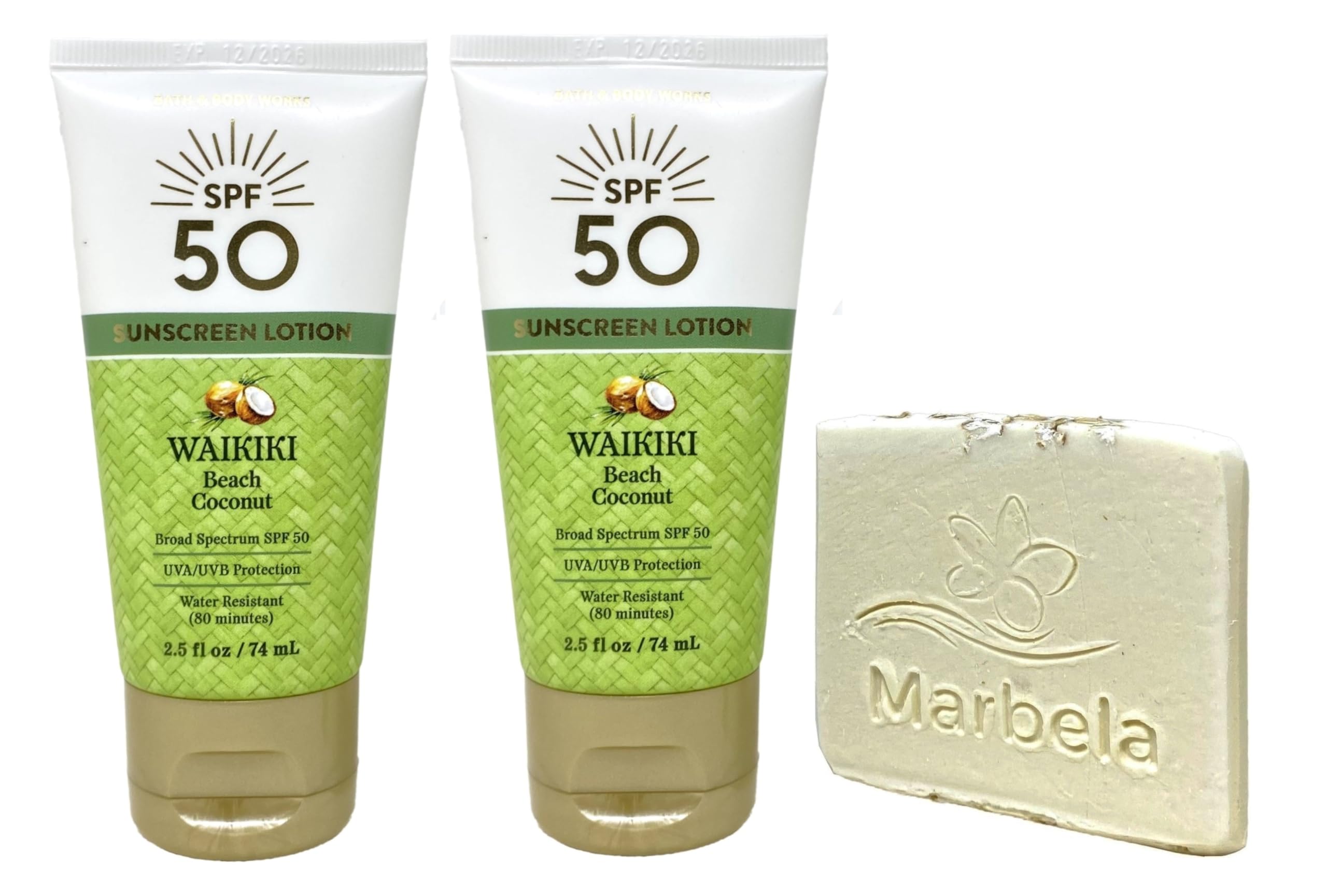 Bath & Body Works Waikiki Beach Coconut SPF 50 Sunscreen Lotion 2 Pack Travel Size with a Natural Oats Sample Soap