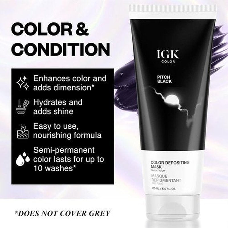 IGK Pitch Black Color Depositing Hair Mask - Smoky Gray Semi-Permanent Conditioner + Gloss Toner | Hydrating Shine + Color Refresh | Vegan + Cruelty-Free | 6 oz