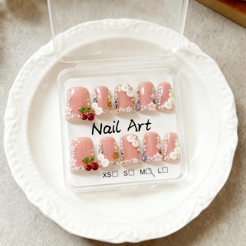 Handmade Press on Nails Duck Bill Shape, 3D Luxury Rhinestone Cherry Pearl Floral Acrylic Fake Nails, Full Cover Thickened False Nails for Women DIY Nail Art (M)
