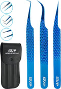 SV Lash Tweezers for Eyelash Extensions with Diamond Grip, Set of 3 - Professional Tweezers Set, Precision Tweezers for Classic, Volume & Mega Volume Lashes, Petite Tweezer Set with Travel Case (Blue)