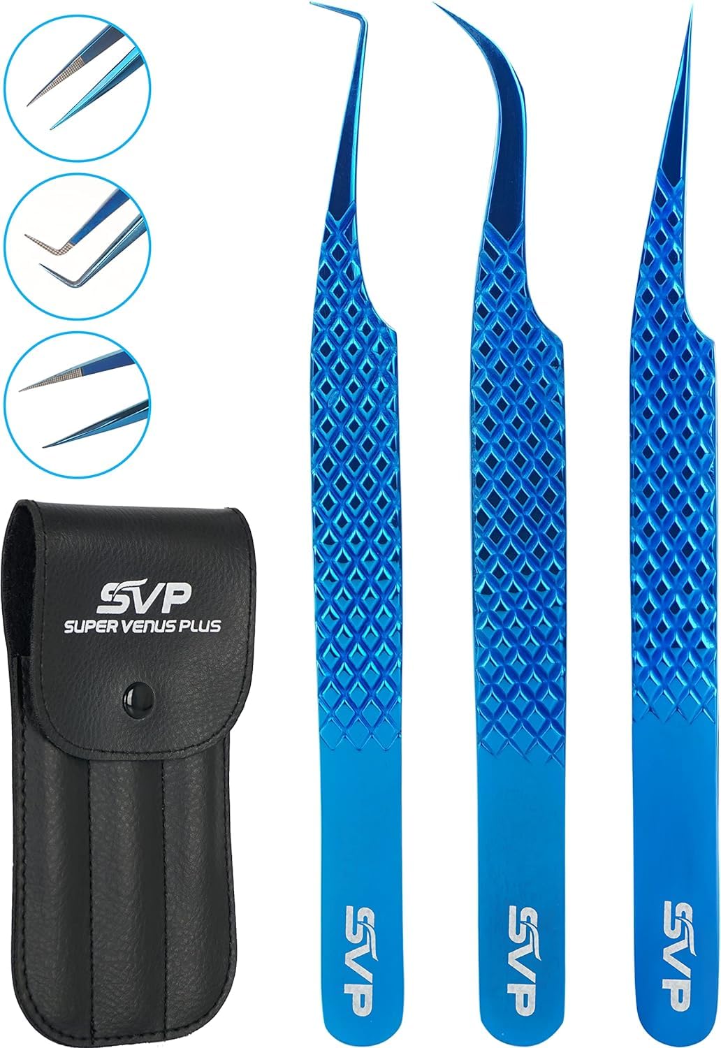 SV Lash Tweezers for Eyelash Extensions with Diamond Grip, Set of 3 - Professional Tweezers Set, Precision Tweezers for Classic, Volume & Mega Volume Lashes, Petite Tweezer Set with Travel Case (Blue)