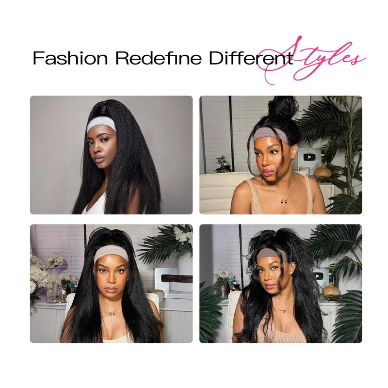 Woman's Romance Headband Wig For Black Women Kinky Straight Headband Wig Human Hair 180% Density Yaki Straight Headband Wigs Wear and Go Glueless Wig Human Hair Machine Made Natural Black (16in)