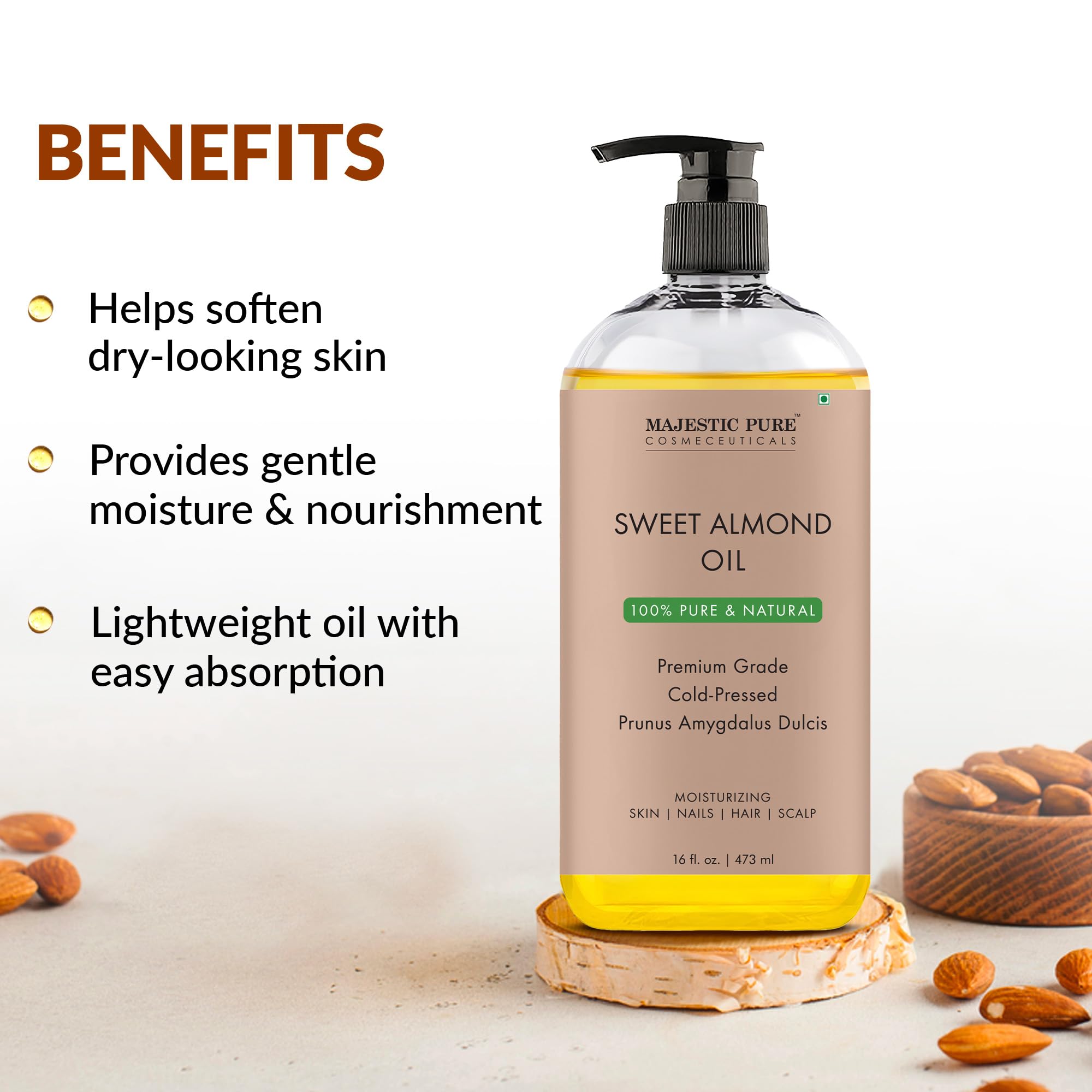 MAJESTIC PURE Apricot Oil, 100% Pure and Natural, Cold-Pressed, Apricot Kernel Oil, Moisturizing, for Skin Care, Massage, Hair Care, and to Dilute Essential Oils, 16 fl oz