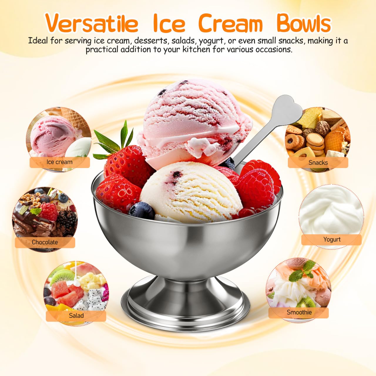 Housoutil Ice Cream Cups, 4 Pcs Stainless Steel Serving Dessert Bowls, Round Sauce Bowls, Reusable Footed Yogurt Snack Candy Cups for Cake Salad Fruit Pudding Snacks Christmas Party