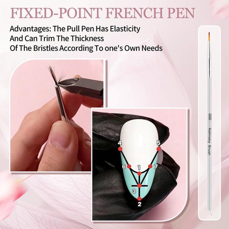 6pcs French Tip Tool Brush, 2 Way Cleanup Brush for Gel Polish with Dotting Tool Franch Nail Art Brushes Set Liner Fine Cuticle Beginner 7mm/9mm/11mm, 12#, 14#, 16#