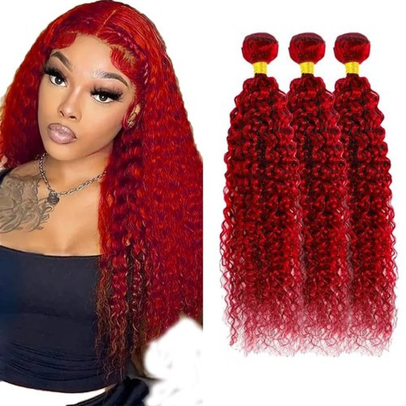 Red Human Hair Bundles Burgundy Kinky Curly Bundle Peruvian Virgin Hair Mixed Length 3 Bundles/150g 14 16 18 Inch Fire Red Kinky Curly Bundle Hair Extensions